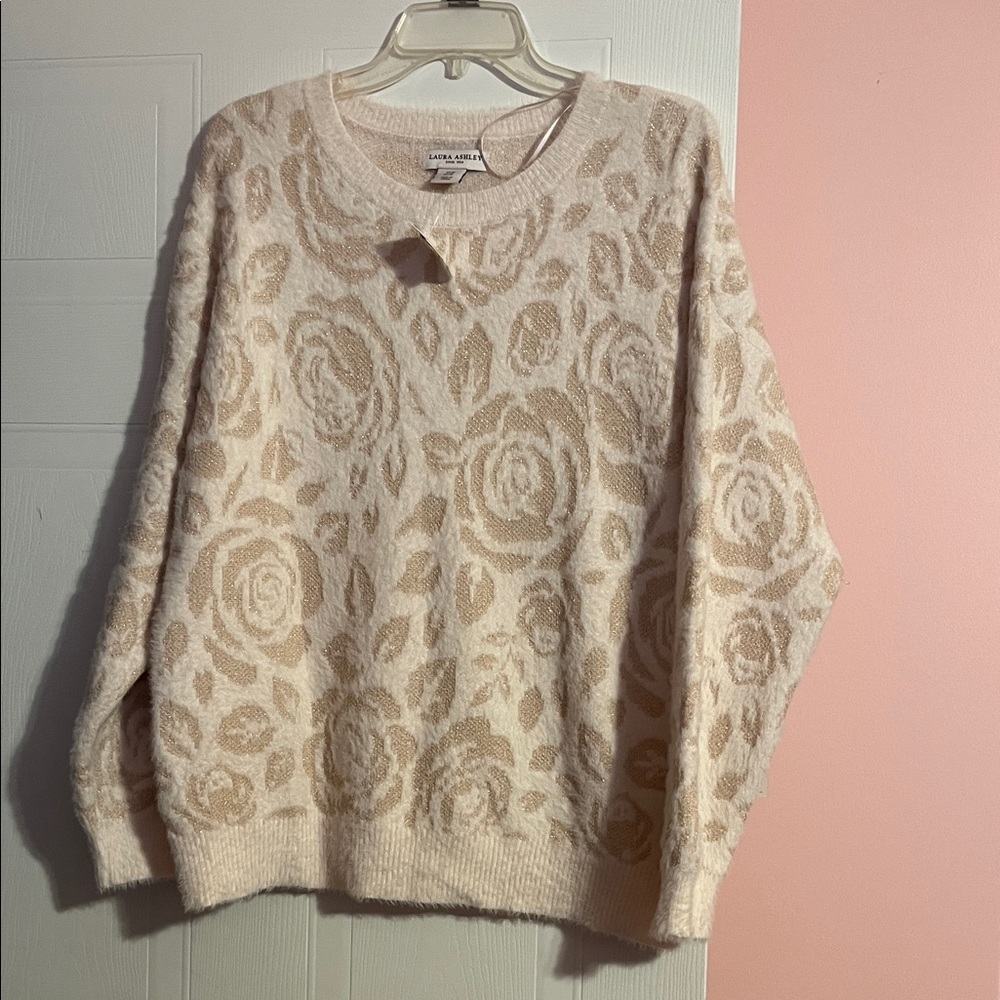 Laura Ashley Cream and Tan Rose Sweater